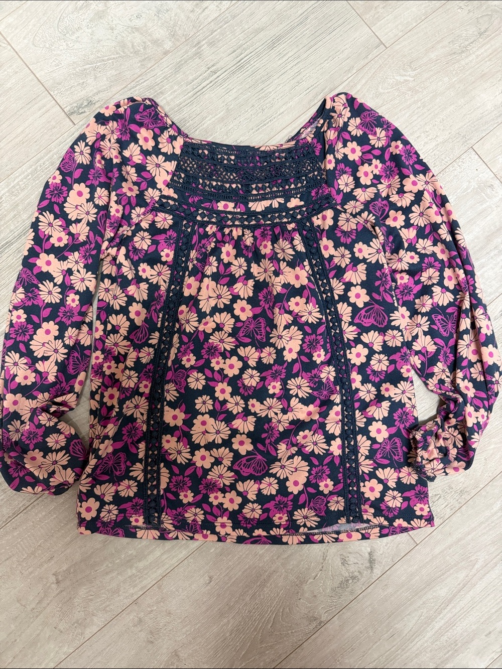 Sunspel Navy Floral Crochet-Yoke Blouse with Pink Accents
